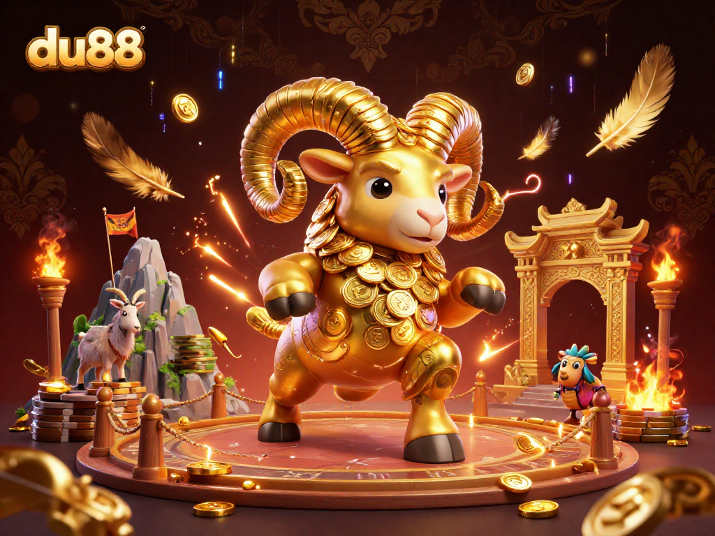 du88 showcases an energetic gambling scene with a golden ram charging at a gate filled with coins.