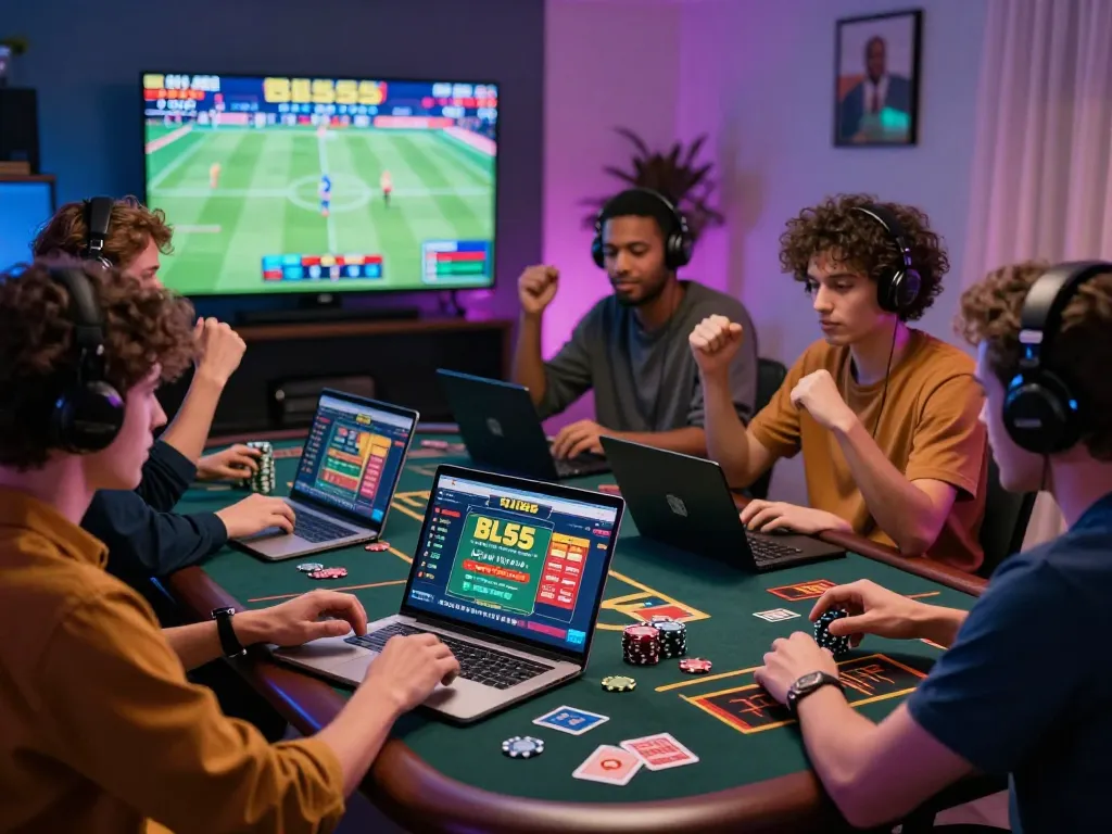 Diverse players engaging in an intense online gaming session on bl555 platform, showcasing excitement and technology in a modern setting.