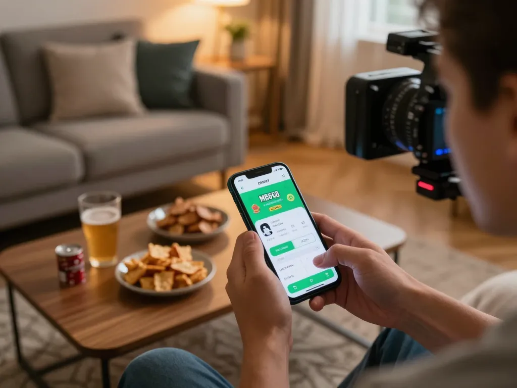 Engaged player using mb668 app for online gambling in cozy home setting.