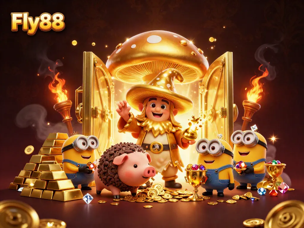 Fly88 showcases a magical scene with a golden mushroom wizard and treasure, representing exciting casino rewards.