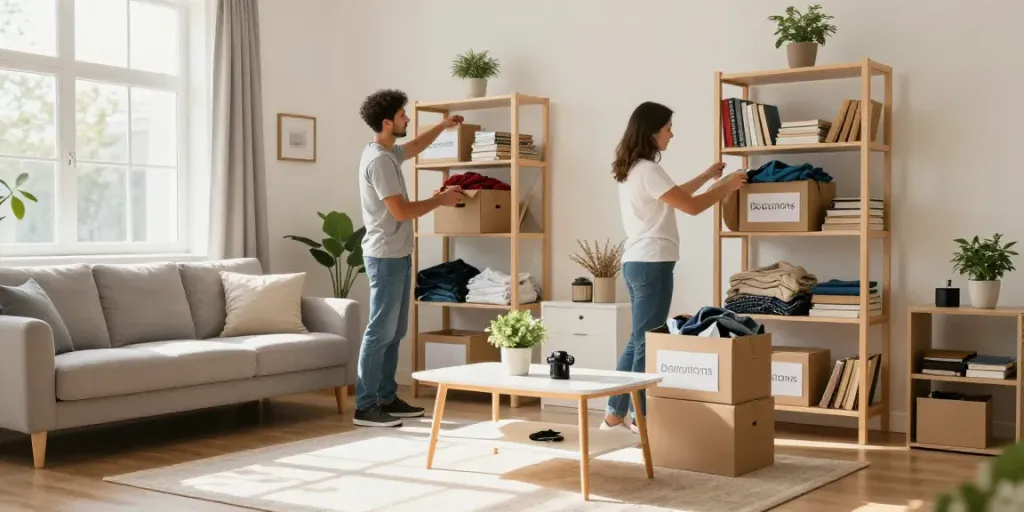 Professionelles Team bei der Messie-Räumung Wien sortiert Haushaltsgegenstände in einem einladenden Wohnzimmer.