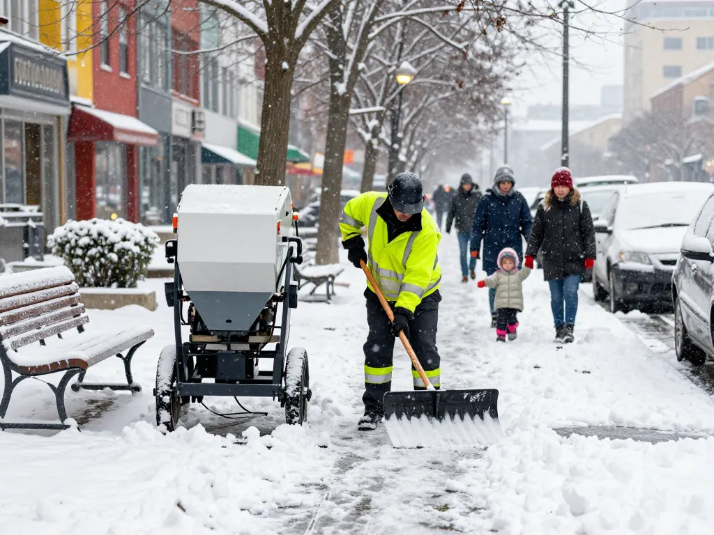 Streudienst in Münster mit professionellem Mitarbeiter, der Schnee von den Bürgersteigen der Stadt räumt und einen Streuwagen an einem verschneiten Tag benutzt.