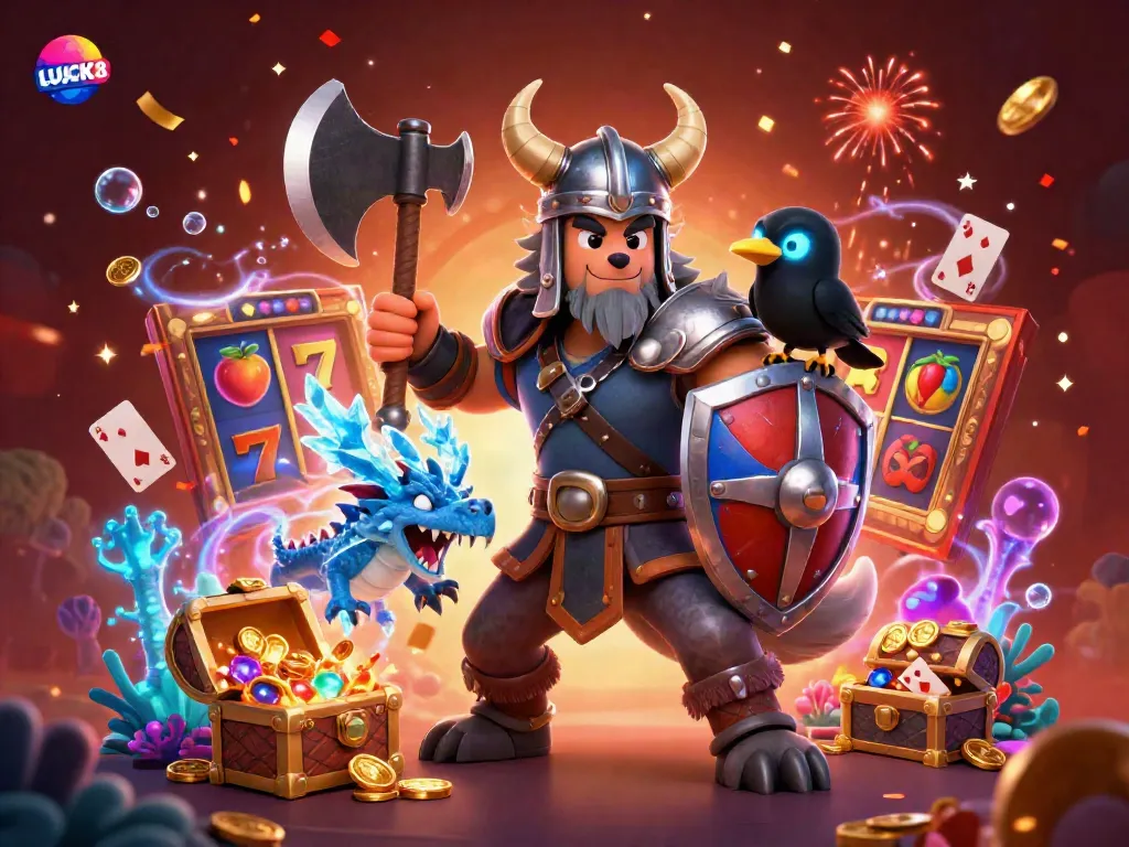 LUCK8 showcases a vibrant casino scene with a Viking wolf, dragon, and raven amid slot reels and treasure.