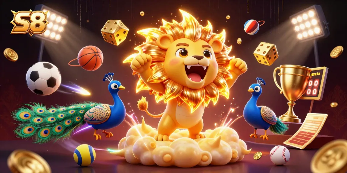 S8 players can enjoy dynamic sports betting with golden dice and animated sports elements in a vibrant casino scene.