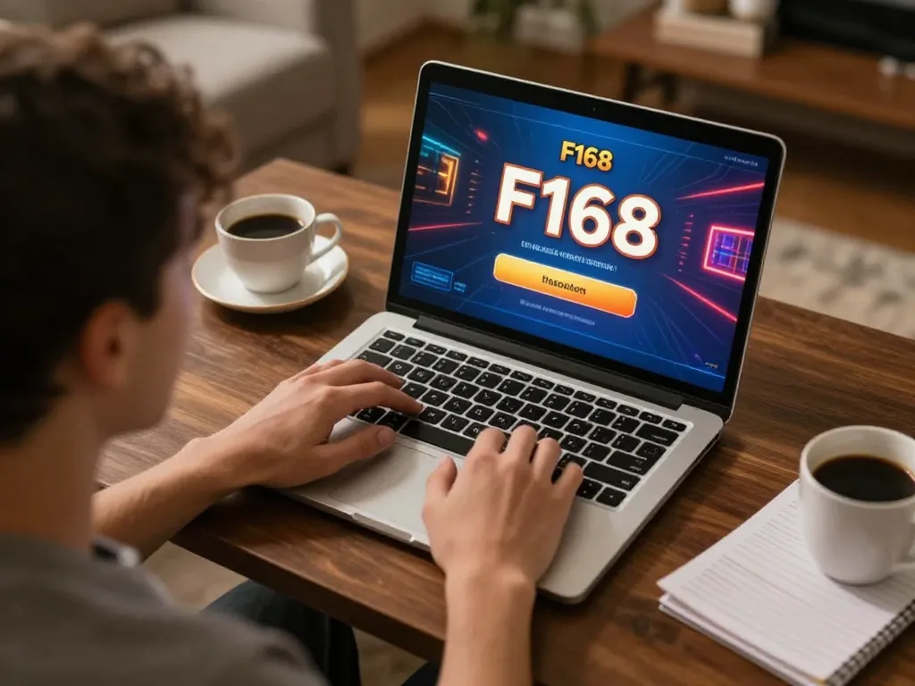 Logging into F168 from home, showcasing an engaging online casino experience.