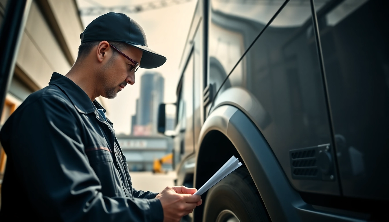 Lkw Gutachter Augsburg analysiert einen Lastwagen in einer urbanen Umgebung.