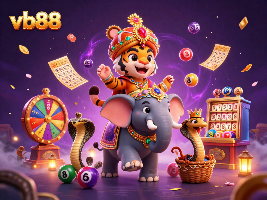 vb88 showcases vibrant lottery elements with a majestic maharaja tiger and captivating casino imagery