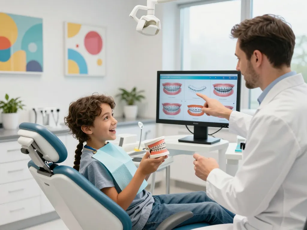 Szene einer Beratung zur Zahnspange in Wien mit einem Patienten und einem Kieferorthopäden, die Optionen für Zahnspangen in einer modernen Klinik besprechen.