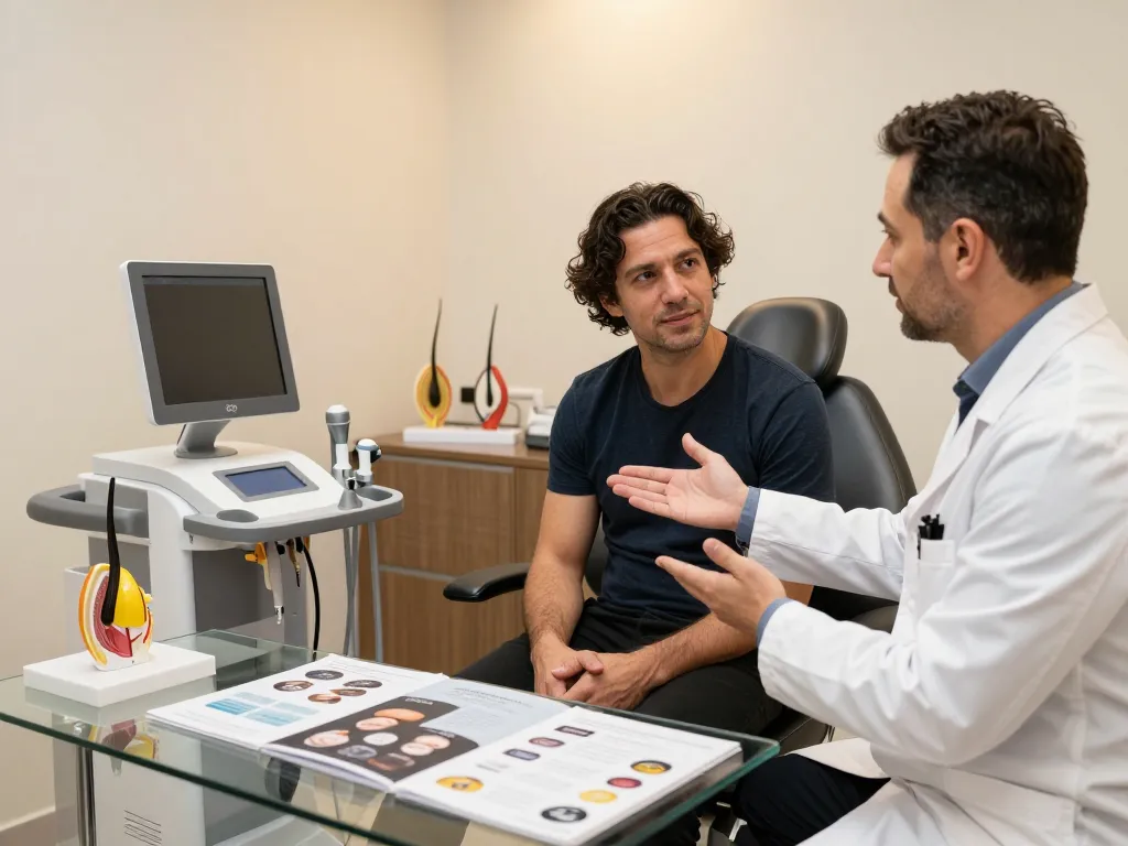 Beratung zur Haartransplantation Türkei mit einem Facharzt und einem Patienten in einer modernen Klinik.