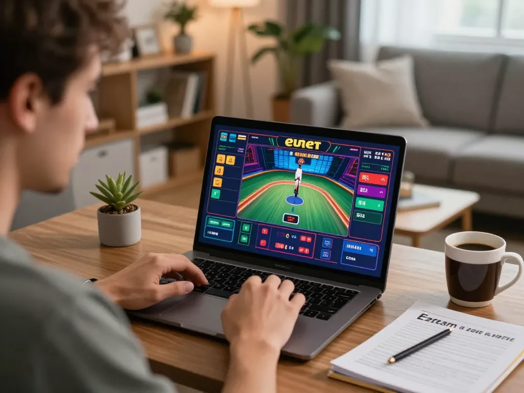 Player focusing on an exciting e2bet game on a laptop, showcasing a vibrant casino interface in a cozy home setting.