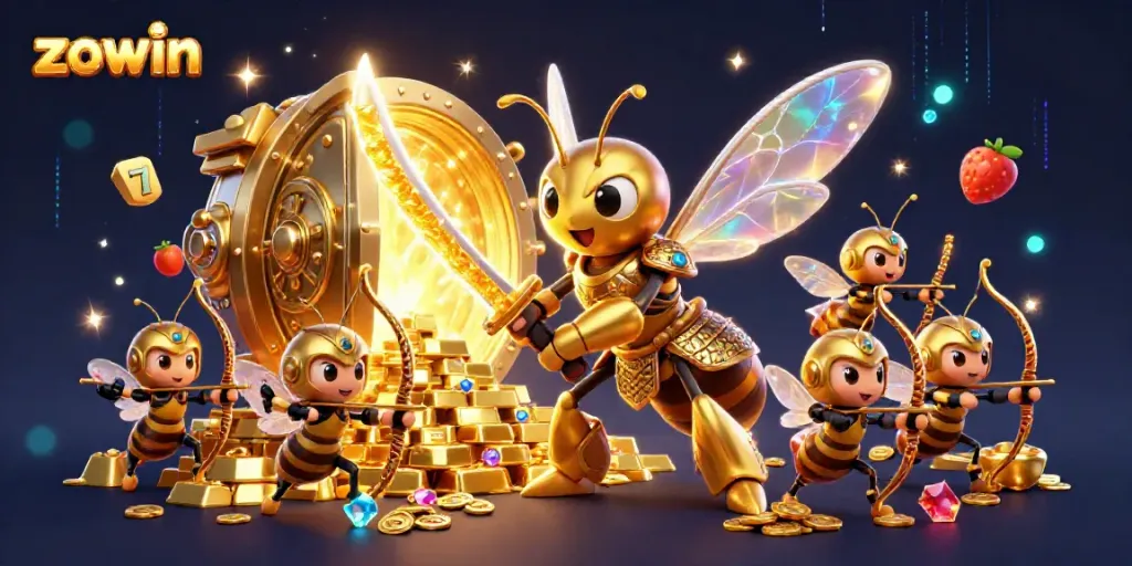 Experience zowin's vibrant slot scene with fantasy characters and dazzling treasure elements.