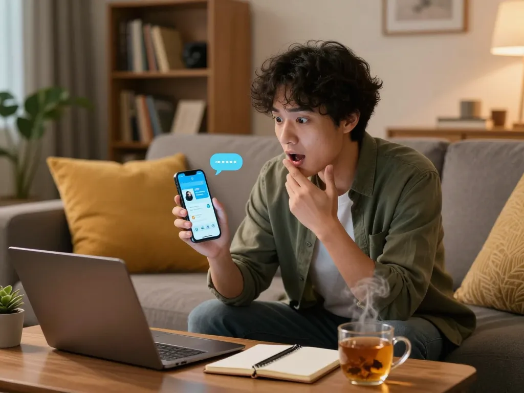 Young adult using sexting AI on smartphone in cozy living room.