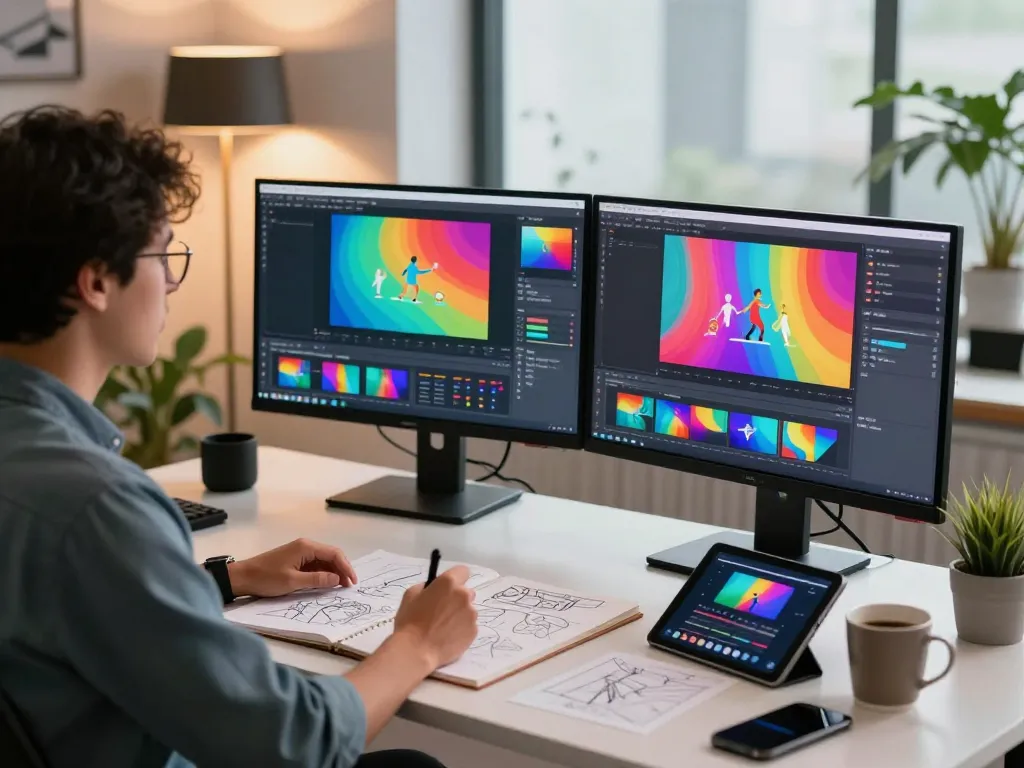Creative workspace showcasing free motion control AI video generation process with artist brainstorming ideas