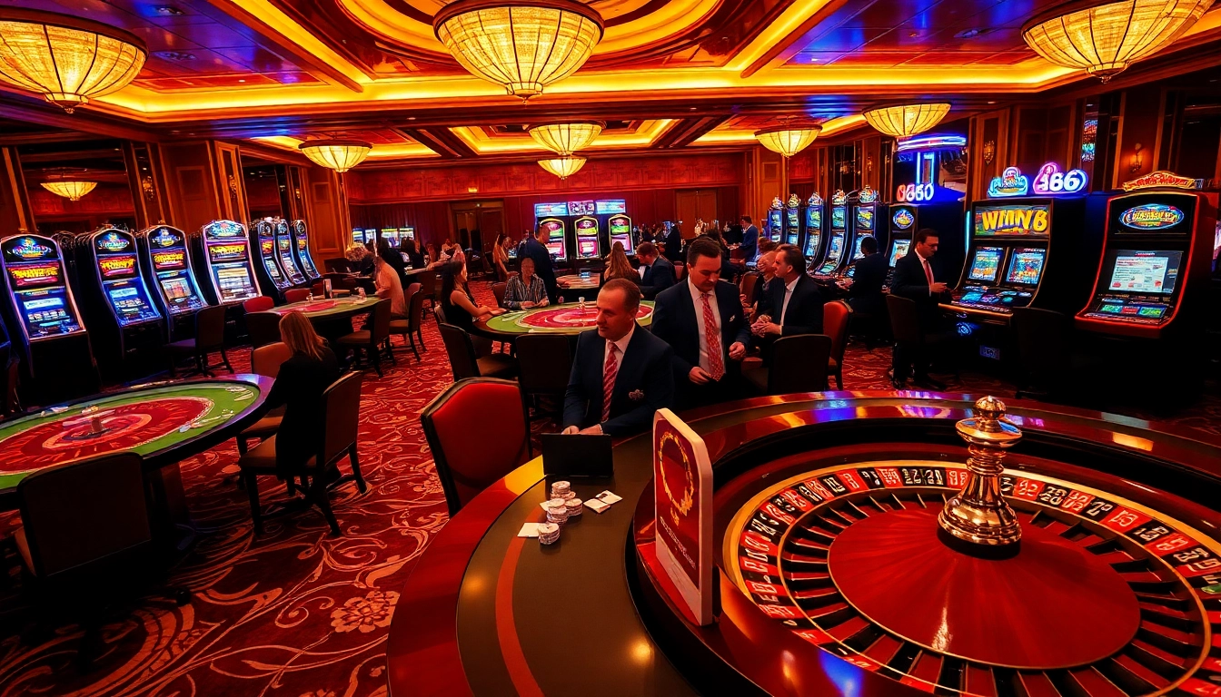 IWIN68 casino scene featuring vibrant gaming tables and excited players enjoying high-stakes games.