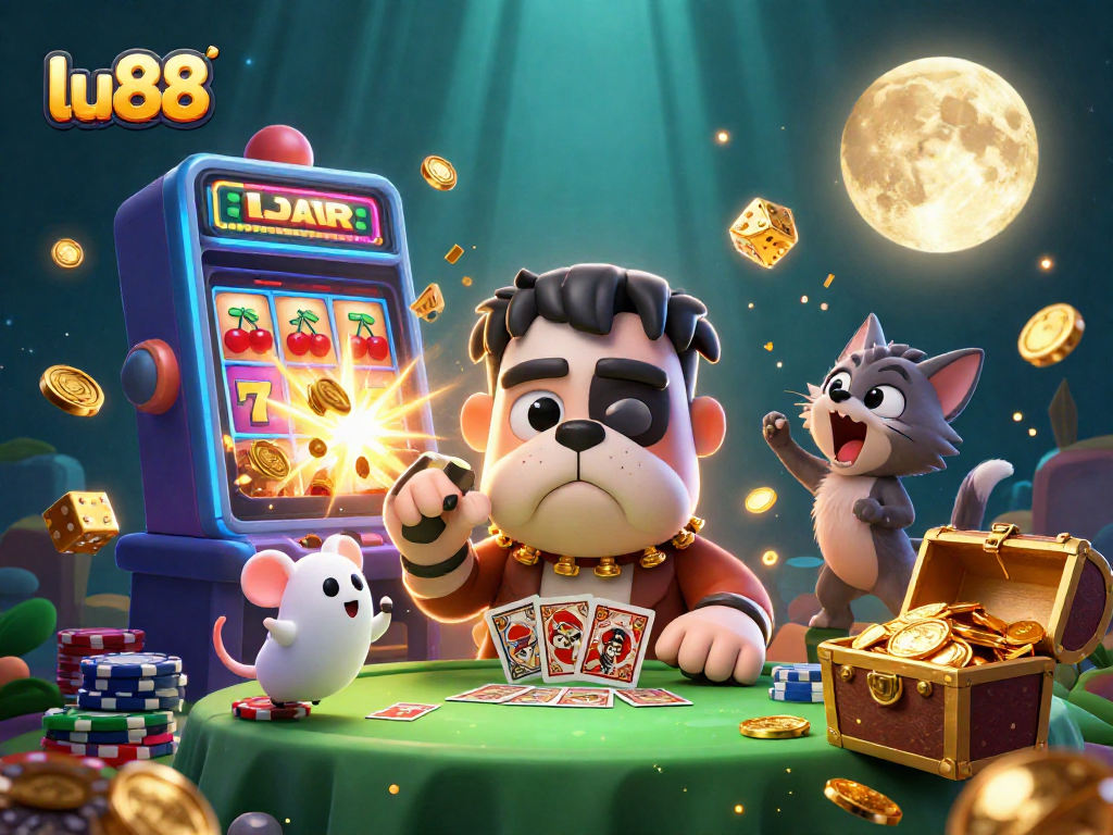 Engage in thrilling gameplay at lu88 with a lively 3D casino scene featuring unique characters.