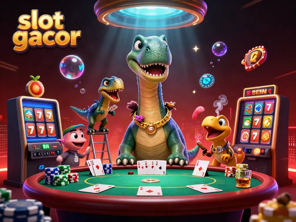 Engage with slot gacor themed illustration featuring cartoon dinosaurs in a lively casino scene.