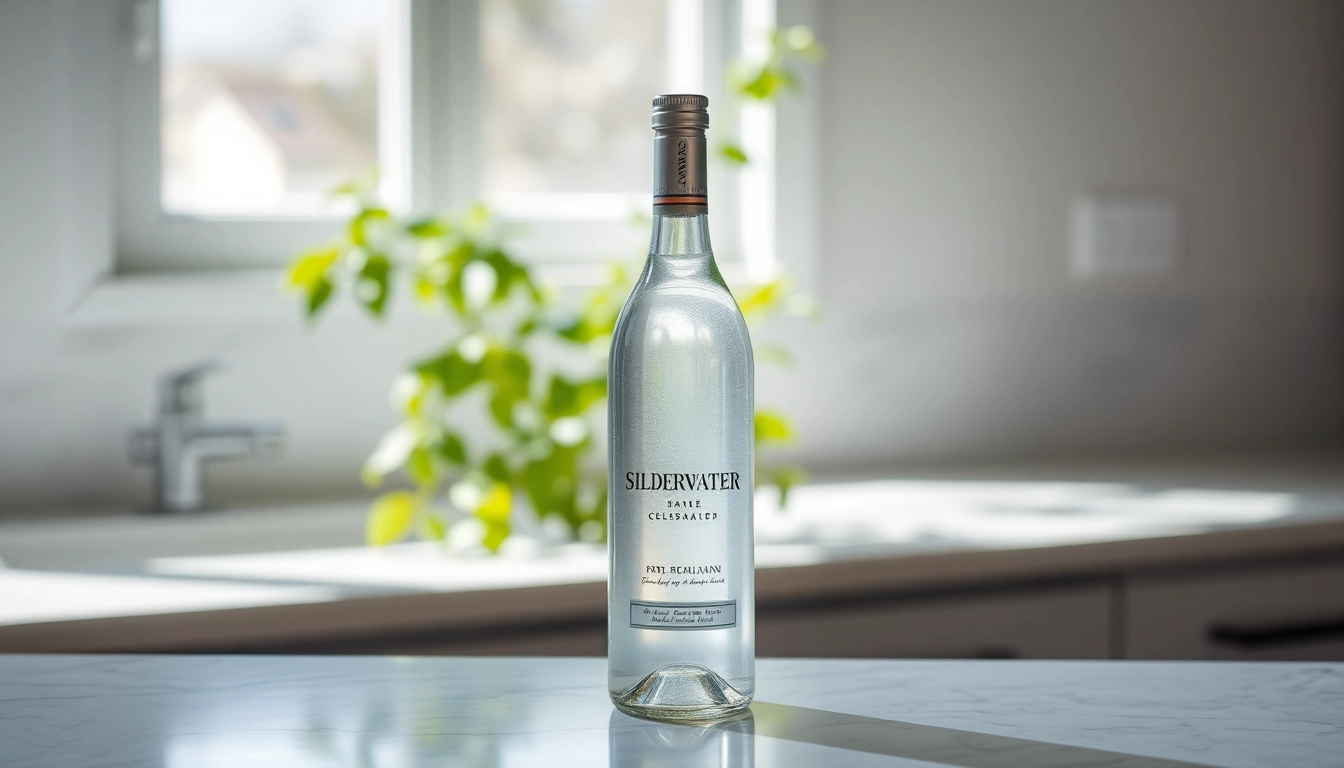 Pouring Silberwasser from a stylish bottle into a glass, showcasing purity and healing properties.