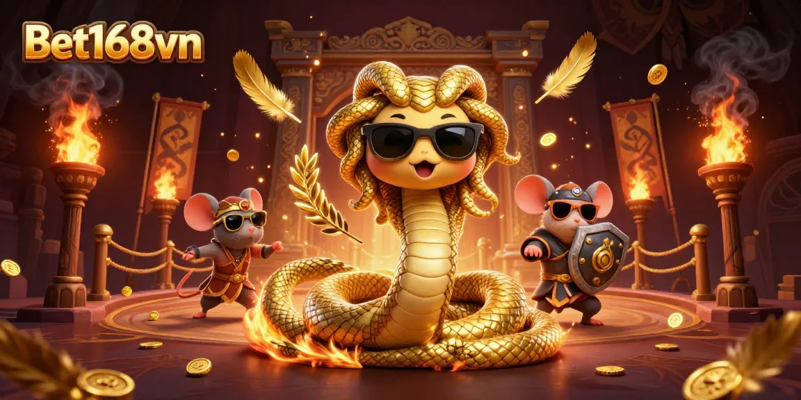 Bet168vn showcases a vibrant scene with Medusa and a warrior mouse in a dynamic online casino environment.