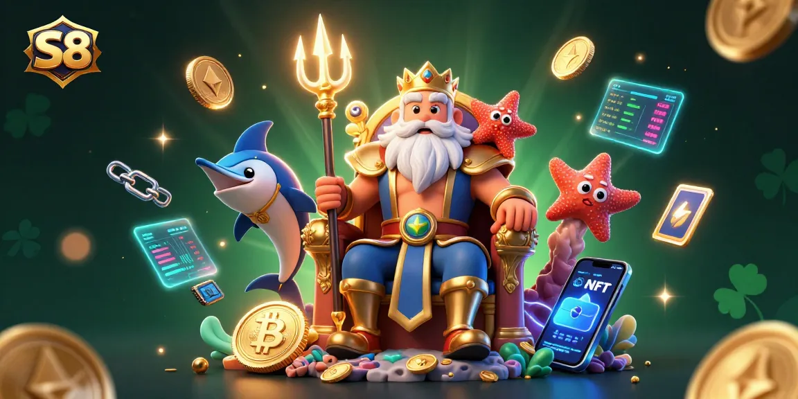 S8 players spin the reels in a vibrant 3D casino world filled with Bitcoin and Ethereum coins.