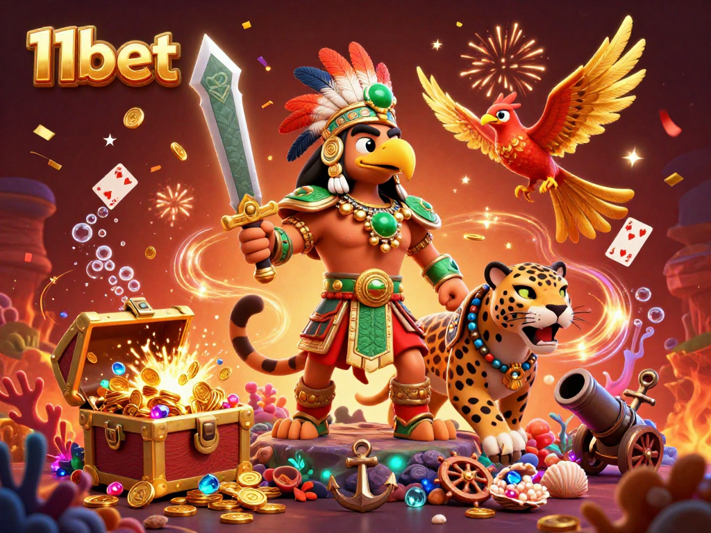 Experience the thrill of 11bet with an exciting casino scene featuring vibrant characters and dynamic game elements.