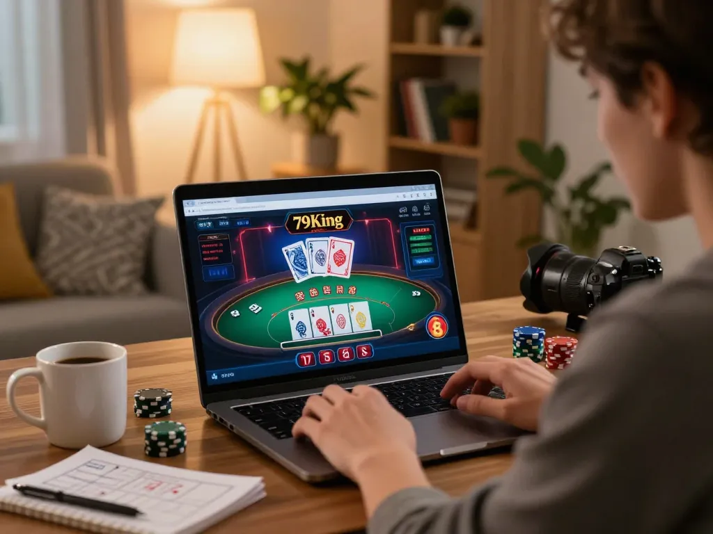 Player engaged with 79King online blackjack game, showcasing strategic gameplay in a cozy home setting.