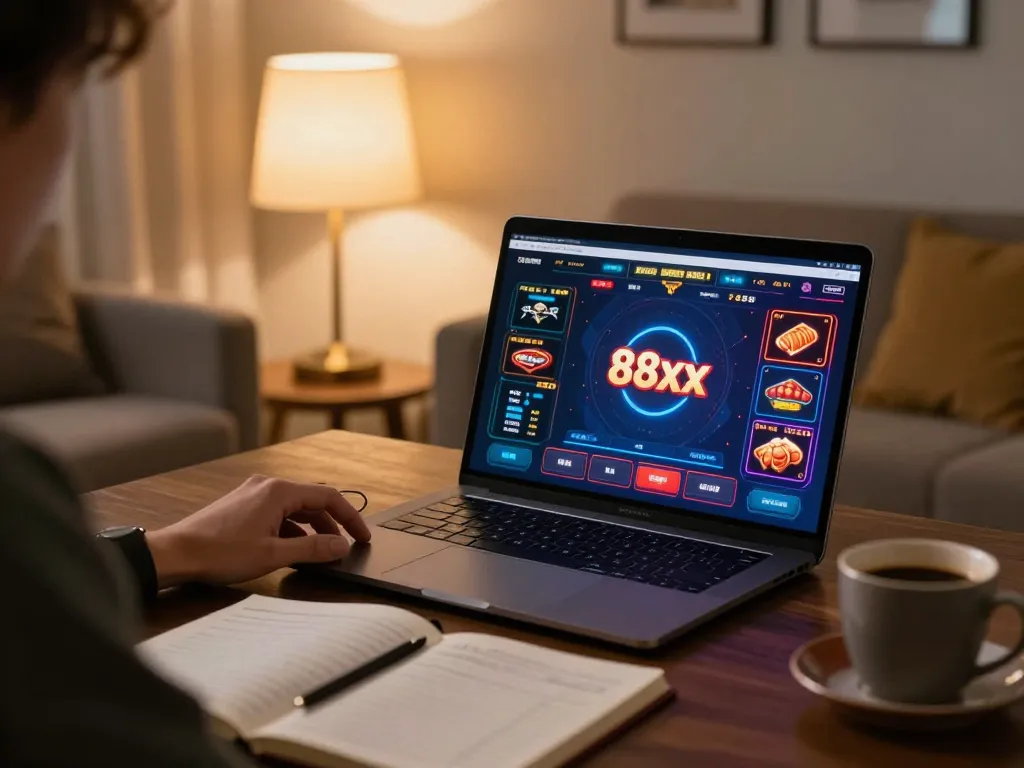 Engaging in online gaming at 88xx with a laptop, showing casino interface in a cozy home setting.