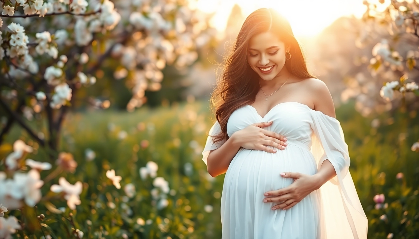 Babybauch Shooting München - Schwangere Frau in blühender Natur umarmt Babybauch.