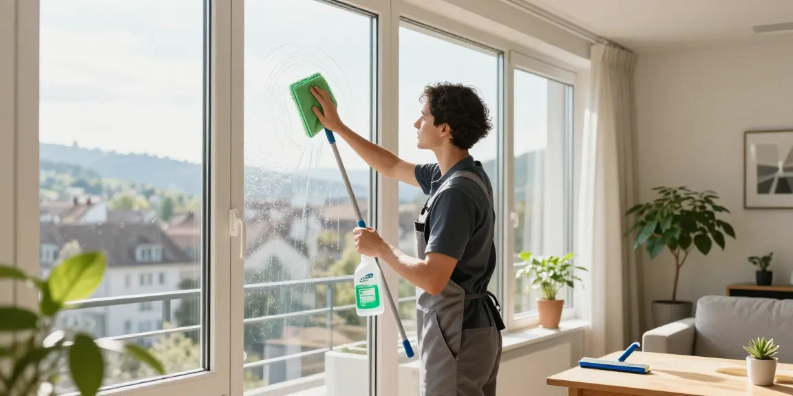 Window cleaning service in Solothurn showcasing a professional cleaner achieving sparkling results.