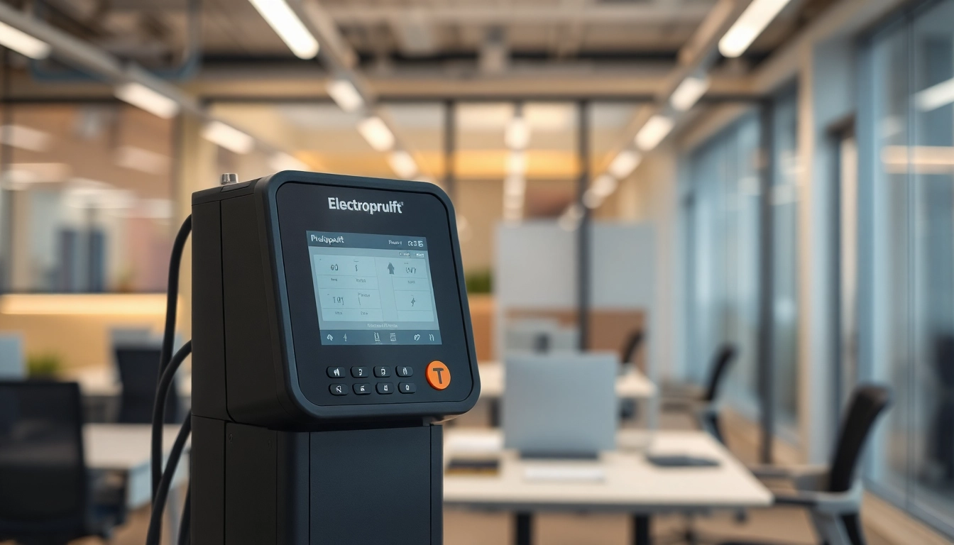 Prüfung eines elektrischen Gerätes während der DGUV V3 Prüfung in einem modernen Büro mit optimaler Sicherheitsausstattung.