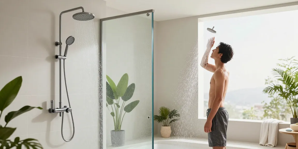 Regendouche stang in een luxe badkamer met een ruime regendoucheopstelling, die modern ontwerp toont.