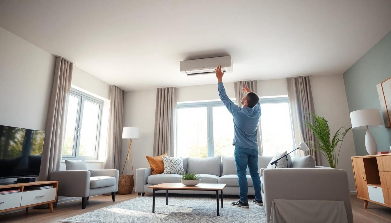 Professionals Klima installieren in a bright living room, showcasing efficient air conditioning setup.