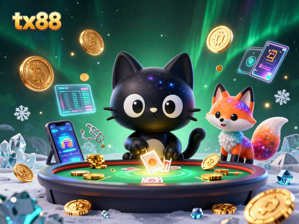 Experience thrilling gambling at tx88 with a cosmic black hole cat and vibrant crypto elements.