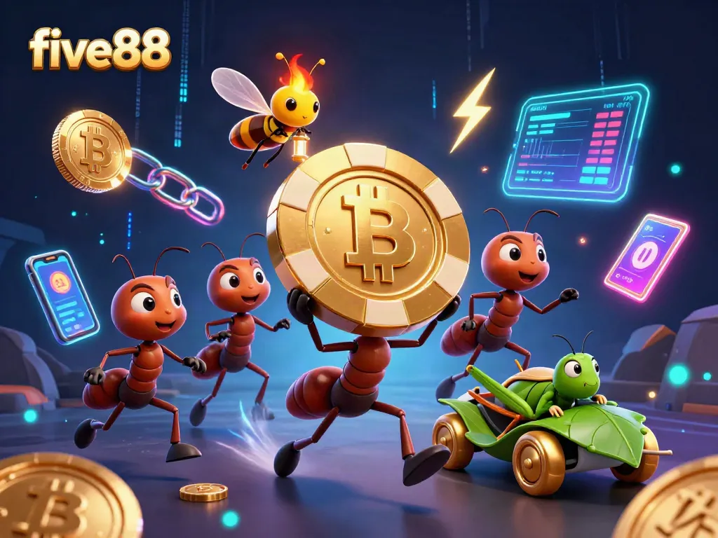 Experience five88 with a dynamic scene of ants heisting a giant poker chip amidst vibrant casino elements.