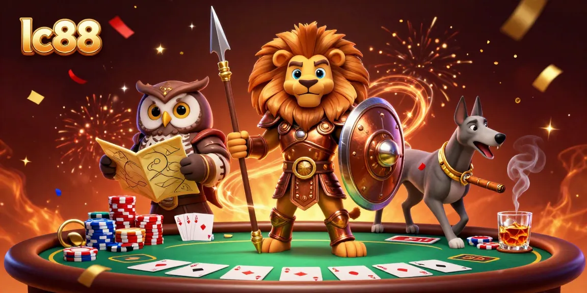 Engage in thrilling play with lc88 at a vibrant poker table featuring a heroic lion, wise owl, and swift greyhound.