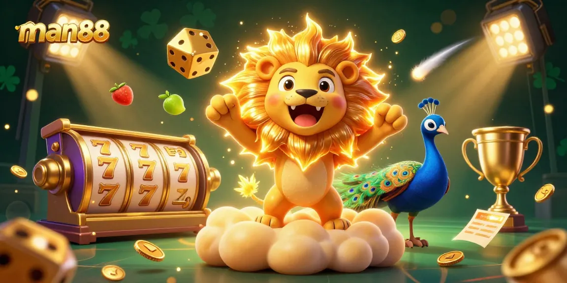 Experience thrilling wins at man88 with a captivating 3D illustration featuring vibrant slot elements and golden details.