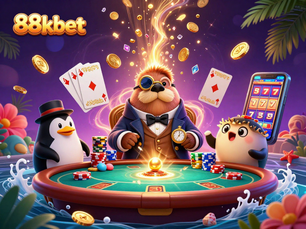 Engaging scene of 88kbet's underwater casino with a jolly walrus and penguin dealer.