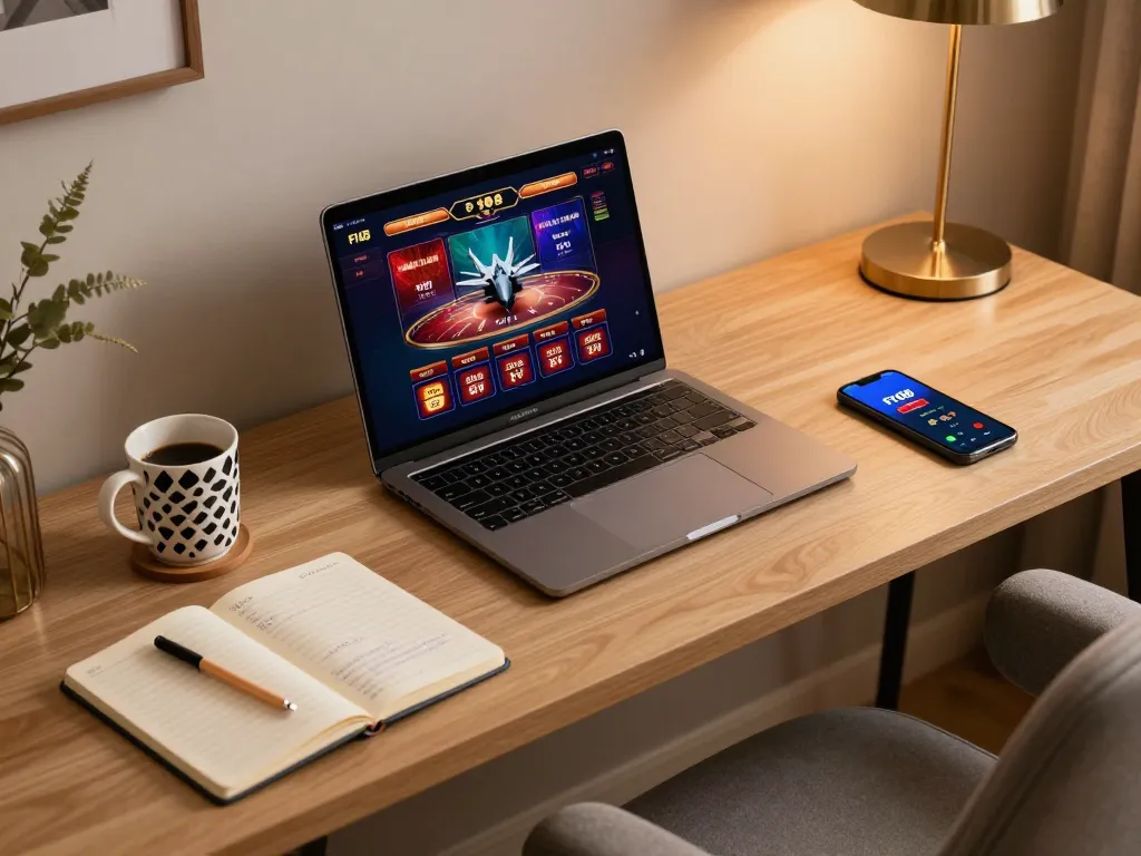Engaging online gaming setup showcasing LINK VÀO F168 with stylish laptop and mobile app.