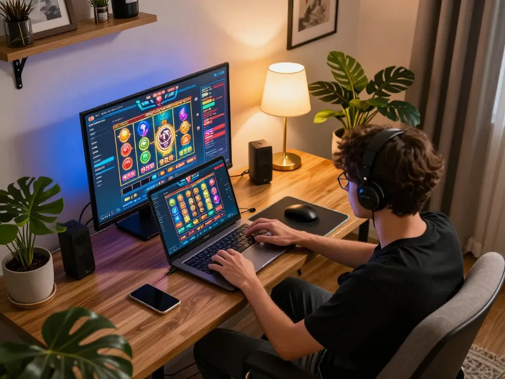 Playing MK8 on a laptop at home, showcasing engaging online gambling environment with modern decor