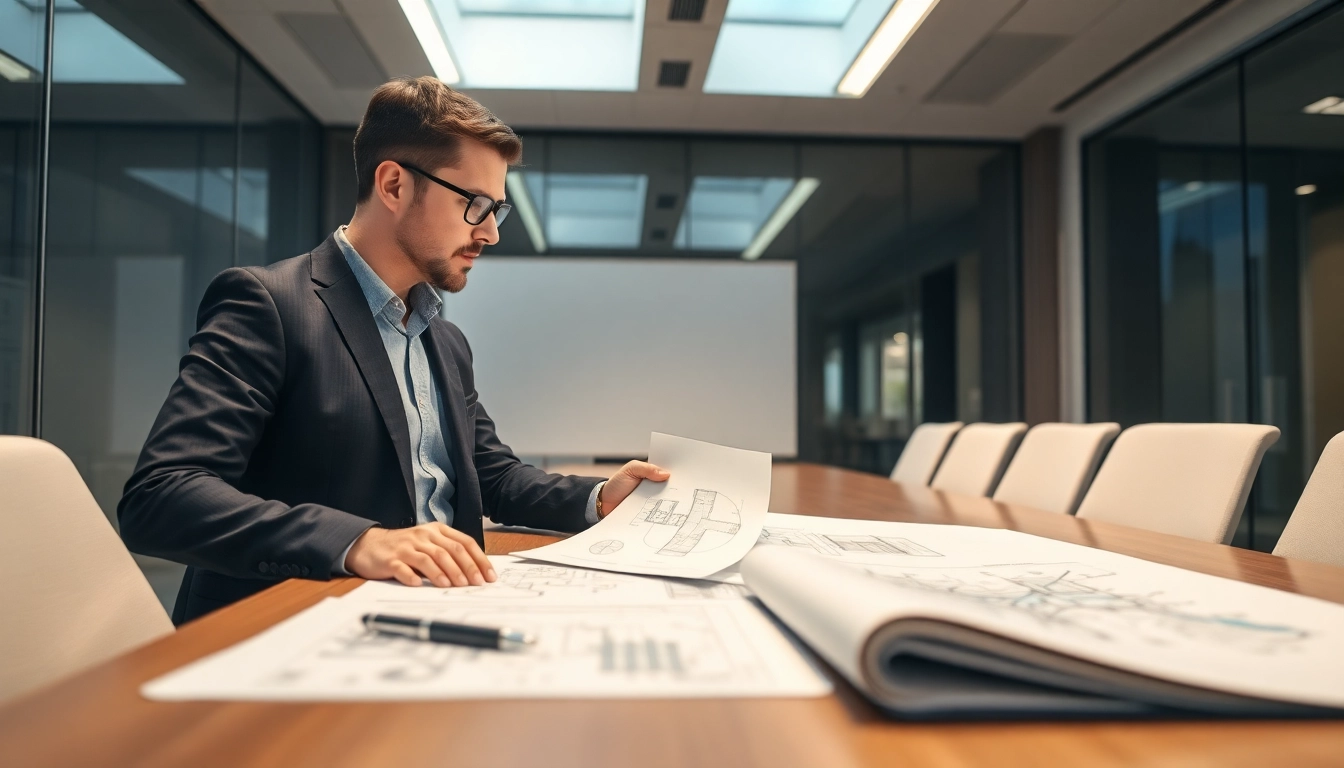 Headhunter Ingenieure bei der Analyse technischer Pläne in einem modernen Büro.