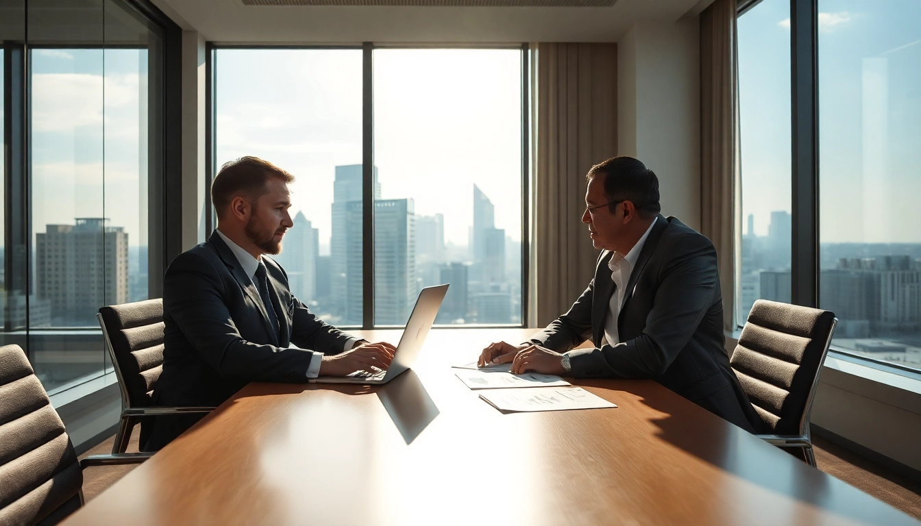 Headhunter CEO in einem modernen Büro, der mit einem Klienten spricht und strategische Notizen durchgeht.