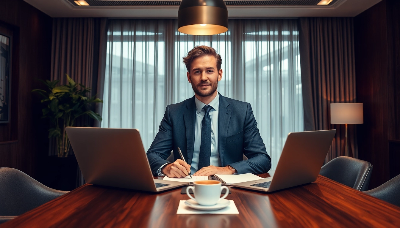 Professional Headhunter Monchengladbach bei der Arbeit, an einem eleganten Schreibtisch mit Laptop und Notizen.