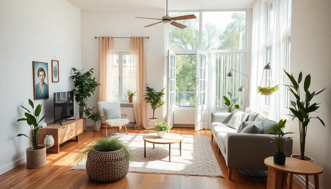 Modernes Wohnzimmer, das kreative Ideen zur Raumgestaltung zeigt, mit harmonischen Farben und Pflanzen.