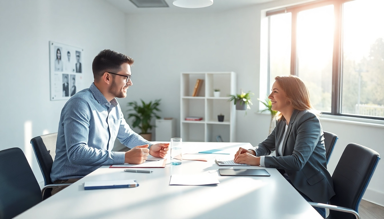 Personalvermittlungsgespräch zwischen einem Personalvermittler und Bewerber in einem modernen Büro.