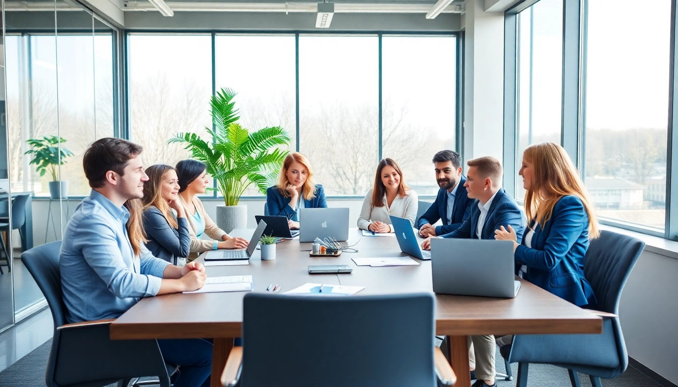 Professionals discussing strategy with Headhunter Wiesbaden in a modern office setting.