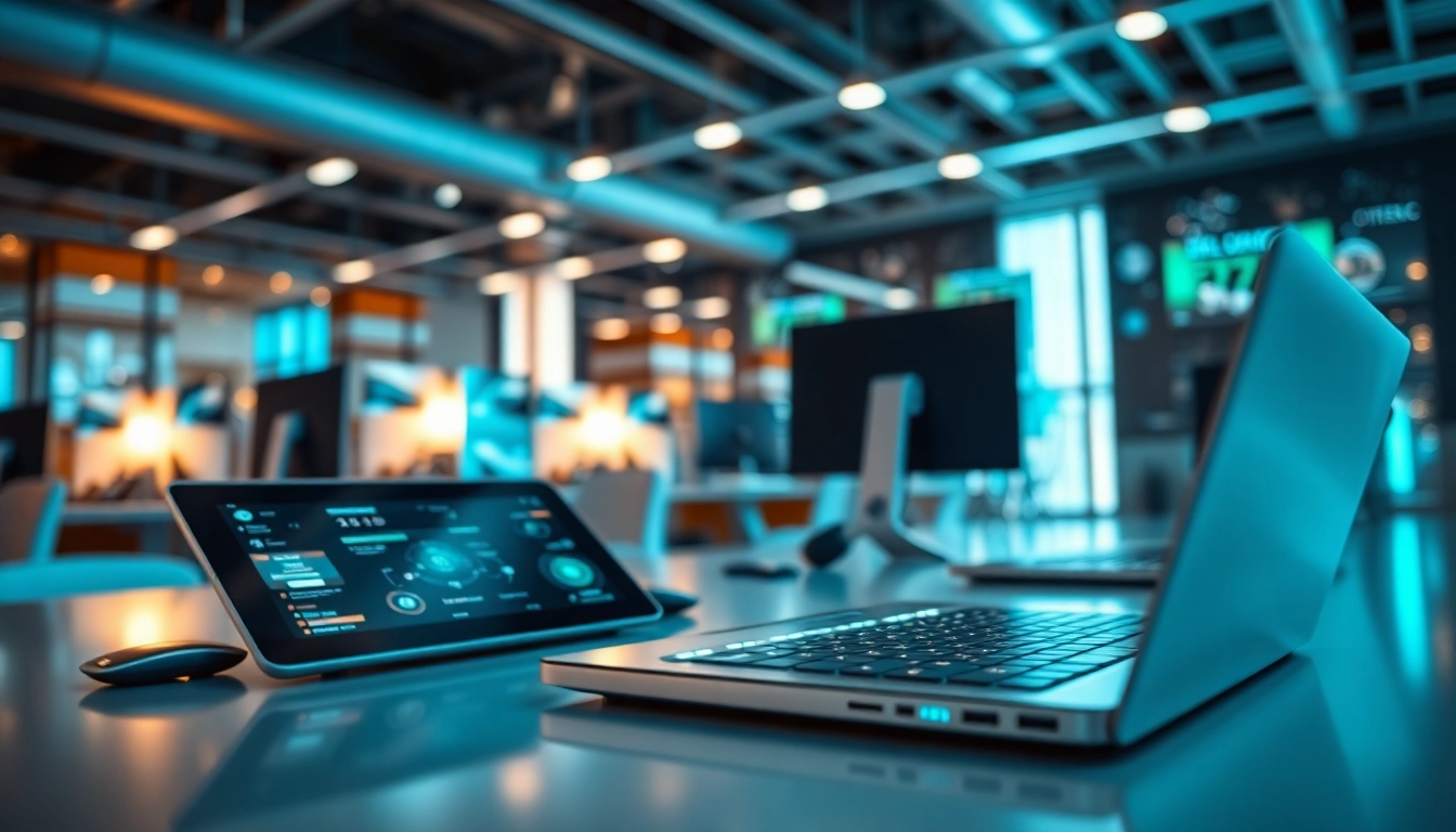 Technologie in einem modernen Büro, umgeben von eleganten Geräten und lebendiger Energie.