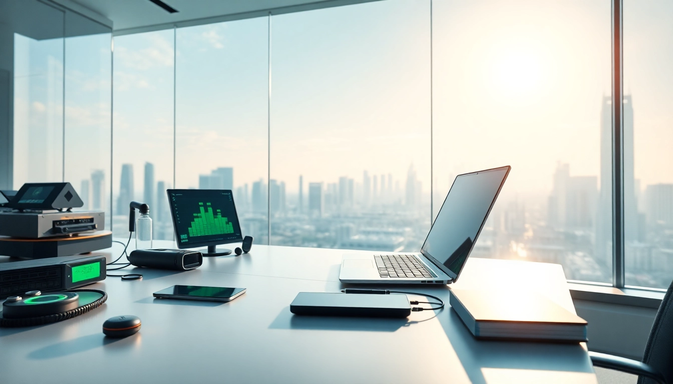 Technologie Innovation in einem modernen Arbeitsplatz mit fortschrittlichen Geräten und Werkzeugen.