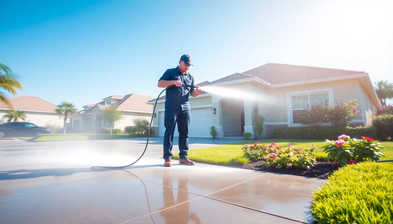 Driveway pressure wash in Kissimmee, FL, showcasing professional service and sparkling clean concrete.