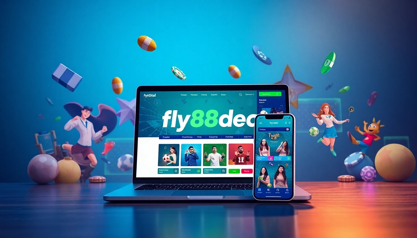 Dynamic digital interface showcasing the fly88deal brand with modern gaming elements.