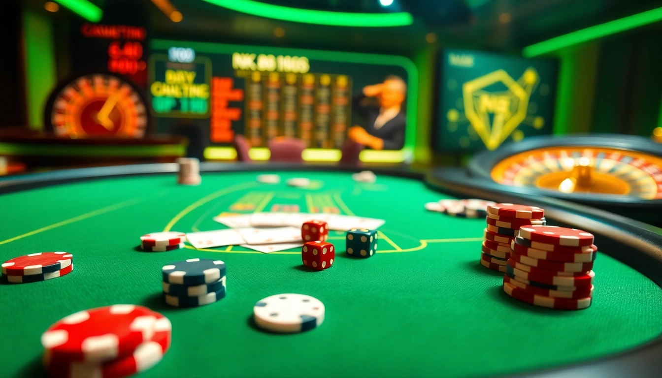 Engage with nk88 trang chủ through a luxurious online casino experience featuring poker chips and vibrant gaming tables.