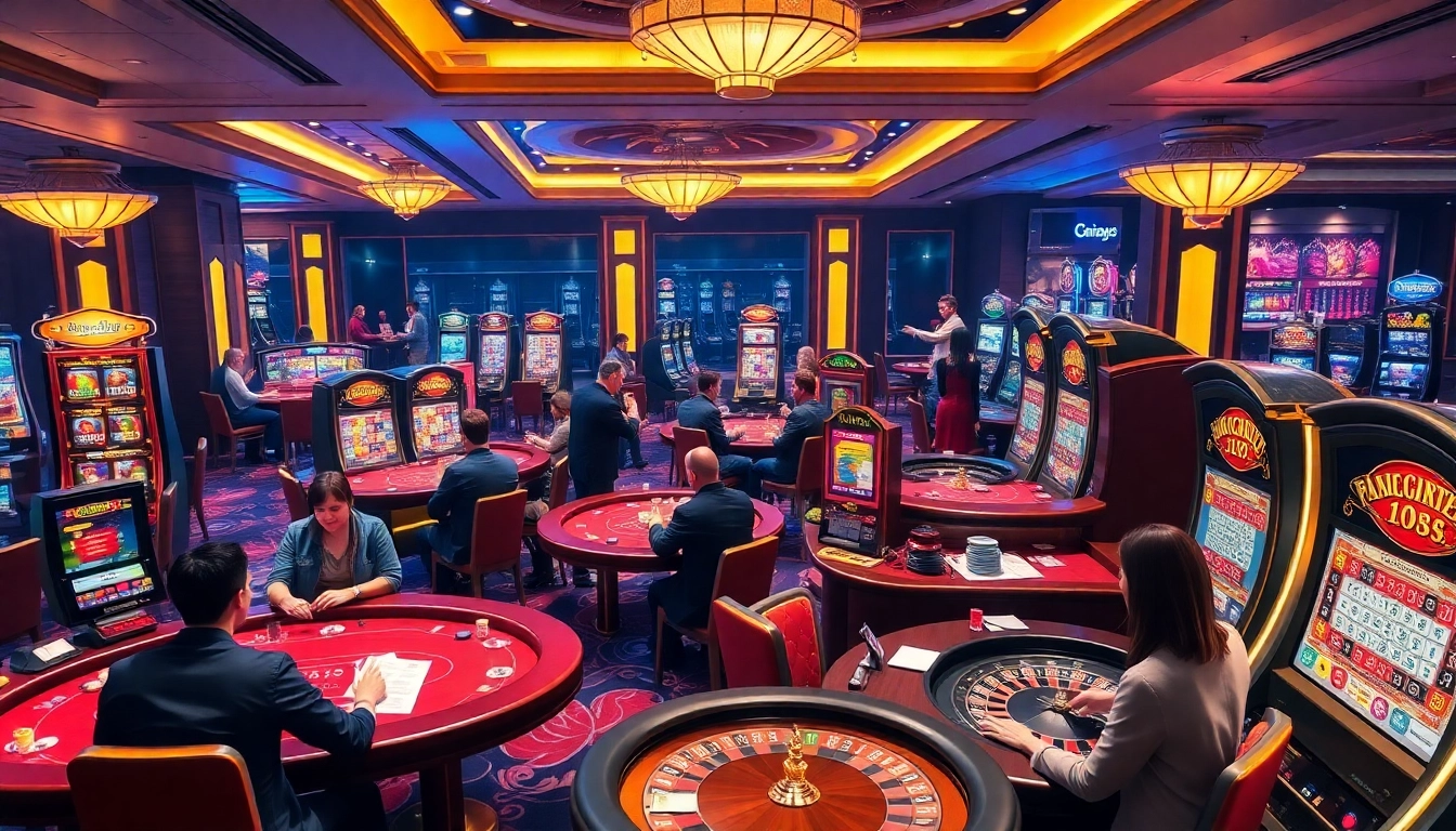 Experience the thrilling atmosphere of Casino Five88 with players engaging at poker tables and slot machines.